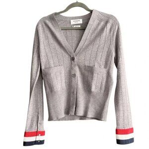 Thom Browne Gray Knit Cardigan Red White Blue Stripe Detail Made in Italy 42